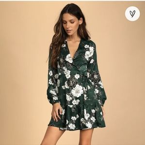Lulu's So Splendid Dark Green Floral Satin Long Sleeve Wrap Dress